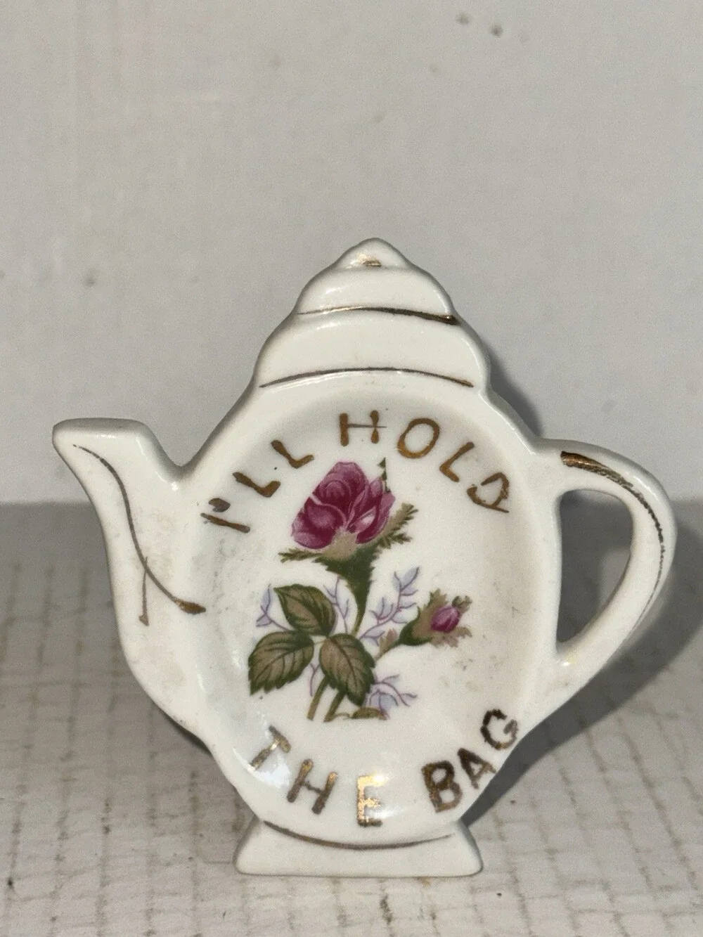 Vintage Japan Tea Bag Holder Teapot Pink Rose Gold Trim I’ll Hold the Bag
